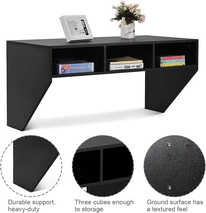 Computer Floating, Home Office Working, 42.5” Laptop Table Writing w/Storage Shelves, Modern Console Media Cabinet Wall Mounted Desk Hutch, Black - LeafyLoom