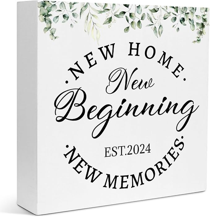 Creoate Housewarming Gifts New Home Decor New Home New Memories Wooden Box Sign Rustic Housewarming White Block Sign Home Décor Accents Living Room Shelf Desk Decoration 5.9 x 5.9 Inches Gift (White) - LeafyLoom