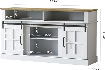 TV Stand with 2 Sliding Barn Doors, 58 Inch TV Stand with Storage Cabinet and Shelves, Television Stands with Storage for Living Room, Bedroom, White - LeafyLoom