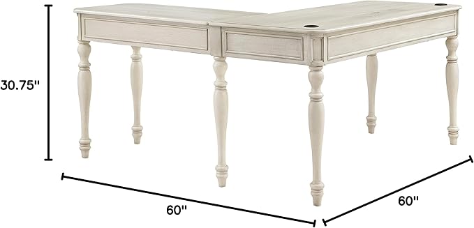 OSP Home Furnishings Country Meadows L-Shape Desk with 2 Full Drawers and Power Hub, Antique White - LeafyLoom