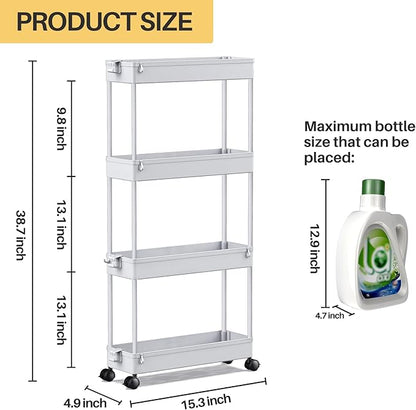 SPACEKEEPER Slim Rolling Storage Cart 4 Tier Bathroom Organizer Mobile Shelving Unit Storage Rolling Utility Cart Tower Rack for Kitchen Bathroom Laundry Narrow Places, Gray - LeafyLoom