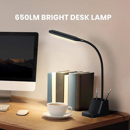 AXX LED Desk Lamp for Home Office, Small Desk Light for Bedrooms, Black Office Lamp for Small Spaces, USB Charging Port, 650LM, Gooseneck, Pen Holder, Study Lamps for College Dorm Room - LeafyLoom