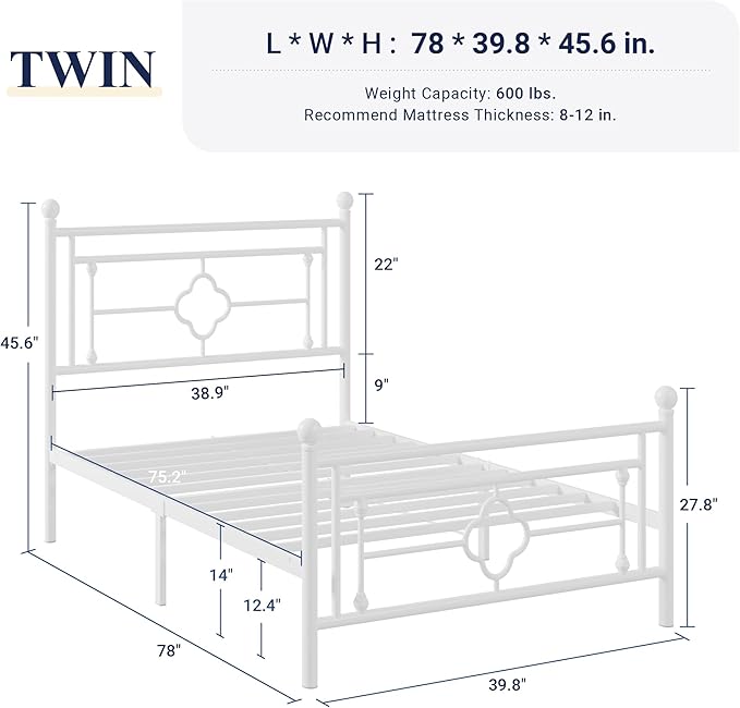 Allewie Twin Size Metal Platform Bed Frame with Victorian Vintage Headboard and Footboard/Mattress Foundation/Under Bed Storage/No Box Spring Needed/Noise-Free/Easy Assembly, White - LeafyLoom