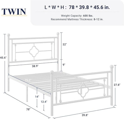 Allewie Twin Size Metal Platform Bed Frame with Victorian Vintage Headboard and Footboard/Mattress Foundation/Under Bed Storage/No Box Spring Needed/Noise-Free/Easy Assembly, White - LeafyLoom