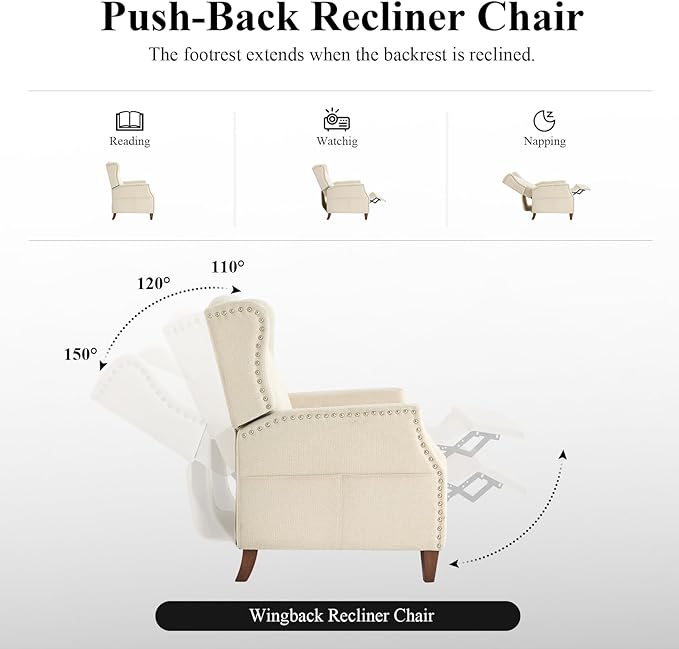 COLAMY Wingback Pushback Recliner Chair with Storage Pocket, Upholstered Fabric Living Room Chair Armchair with Wood Legs and Nailhead Trim, Beige - LeafyLoom