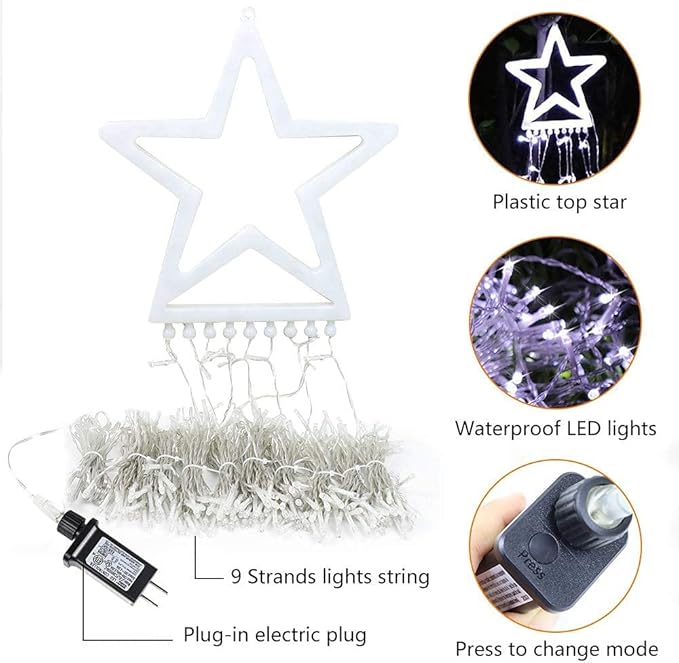 PUHONG Christmas Decoration Outdoor Star String Lights,16.4Ft Christmas Tree Toppers Lights 320 LED 8 Memory Modes with 14" Lighted Star for Halloween Christmas New Year Holiday Birthday(White) PUHONG