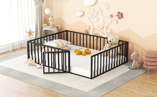 RITSU Queen Size Metal Floor Fence Bed, Montessori Bedframe, with Safety Guardrail and Door, for Children Bedroom, Boys Girls, Apartment, Strong & Durable, Easy to Assemble, Black - LeafyLoom