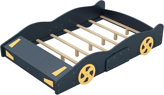 Full Size Race Car Bed for Kids, Car-Shaped Bed Frame with Wheels and Storage Footboard for Boys, Wood Slats Support,No Box Spring Needed, Dark Blue+Yellow - LeafyLoom