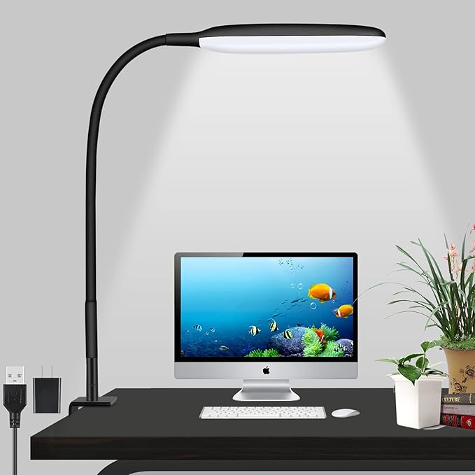 LED Desk Lamp with Clamp, 10W Flexible Gooseneck Swing Arm Clip Lamp with USB Plug, 3 Color Modes, 30 Brightness Levels, Eye-Caring Portable Desk Light for Home Office Reading Working (Black) - LeafyLoom