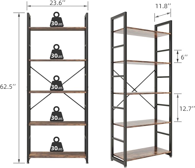 COTUBLR 5 Tier Bookshelf 24 Inch Bookcase Book Shelf Organizer Modern Tall Bookshelf Book Case Ladder Bookshelves Book Storage for Bedroom, Living Room, Home Office, Kitchen (Vintage) - LeafyLoom