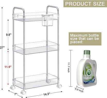 SPACEKEEPER 3 Tier Acrylic Storage Rolling Cart Clear Bathroom Cart Organizer, Transparency Laundry Room Organization Mobile Shelving Unit Multifunction Rolling Utility Cart for Office Living Room - LeafyLoom