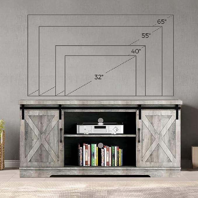 IDEALHOUSE TV Stand Farmhouse Entertainment Center for 65 Inch TV & Media Furniture, Rustic TV Stands with Storage and Barn Doors TV Console Table Under TV Cabinet for Living Room, Rustic Grey - LeafyLoom