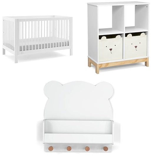 Delta Children babyGap Charlie 6-in-1 Convertible Crib + Brannan Bear Bookcase with Bins + Brannan Bear Wall Shelf with 4 Hooks, Bianca White (Bundle) - LeafyLoom