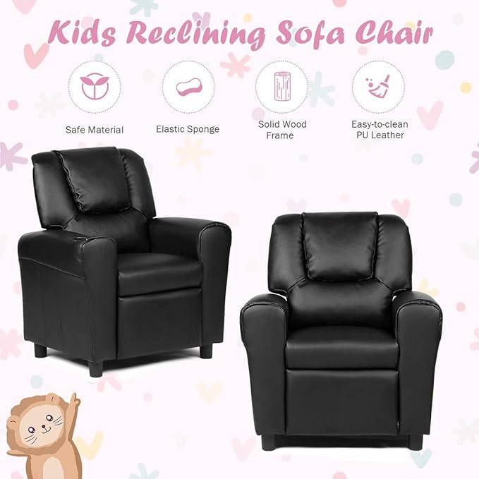 ARLIME Kids Recliner chair, toddler Armchair Upholstered Couch with Cup Holder, Backrest, baby Leather sofa with Headrest and Footrest, Child Furniture for Ages 2-7 (Black) - LeafyLoom