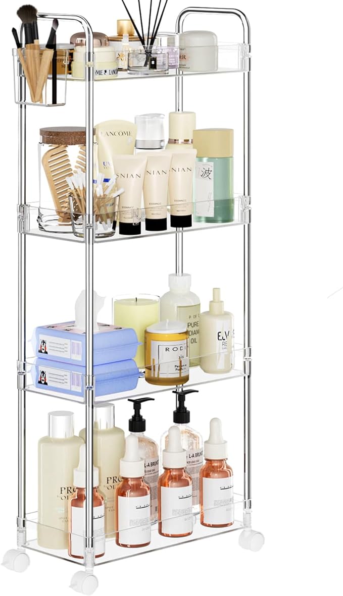 SPACEKEEPER Acrylic Rolling Storage Cart 4 Tier Clear Bathroom Cart Organizer, Transparency Rolling Utility Cart Laundry Room Organization Multifunction Mobile Shelving Unit for Office, Living Room - LeafyLoom