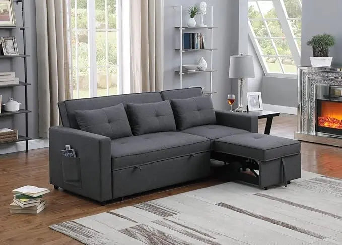 3 in 1 Convertible Sleeper Sofa Bed, Pull Out Couch with 3 Level Adjust Backrest, Futon Loveseat Chaise Lounge with Side Pockets and Throw Pillows for Living Room Office, Dark Gray 79.75" - LeafyLoom