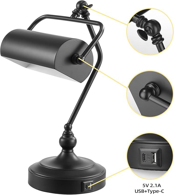 CONCA Classic Antique Touch Adjustable LED Desk Lamp, Bank Lamp, Piano Lamp, Eye Protection Table Lamp with Output Charging Port (Bulb Included in Package) (Black) - LeafyLoom