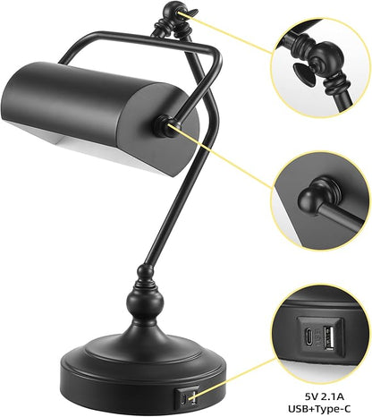 CONCA Classic Antique Touch Adjustable LED Desk Lamp, Bank Lamp, Piano Lamp, Eye Protection Table Lamp with Output Charging Port (Bulb Included in Package) (Black) - LeafyLoom