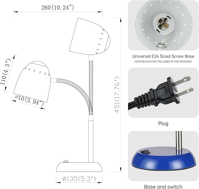 Eye-Caring Table Lamp of Simple Designs Home E26 Led Screw Basic Metal Desk Lamp with Flexible Gooseneck Hose Neck Study Lamp for Bedroom Office Living Room Convenient On/Off Switch (Dark blue) - LeafyLoom