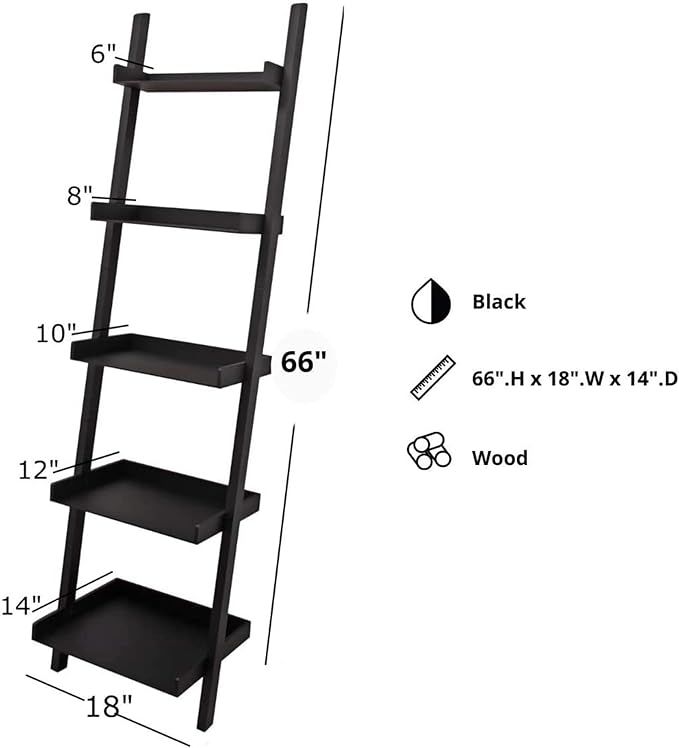 Kiera Grace Providence Hadfield 5 Tier Ladder Shelf Modern Leaning Bookshelf Storage Rack for Home, Office, 18" x 67", Black - LeafyLoom