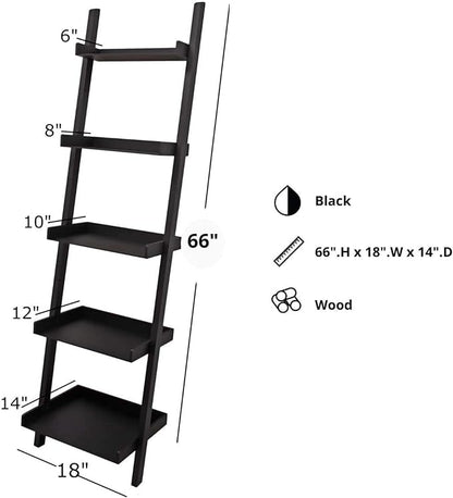 Kiera Grace Providence Hadfield 5 Tier Ladder Shelf Modern Leaning Bookshelf Storage Rack for Home, Office, 18" x 67", Black - LeafyLoom