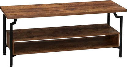 Household Essentials Crown TV Stand with Rectangular Storage Compartment Rustic Hickory Wood Grain and Black Metal - LeafyLoom