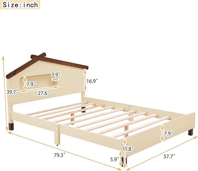 Bellemave Full Size Platform Bed with House-Shaped Headboard and Motion Activated Night Lights,Wood Full Kids Bed Frame for Teens, Girls,Boys(Full,Cream) - LeafyLoom