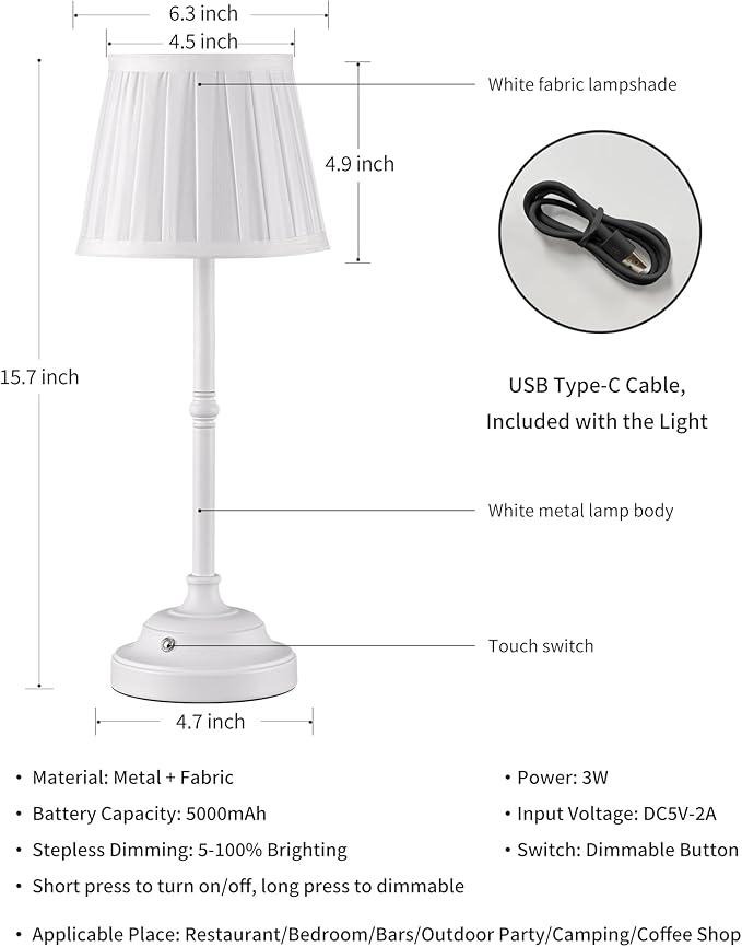 KDG Cordless LED Table Lamp Set of 2, Portables Fabric Shade Desk Lamps, 5000mAh Rechargeable Battery Powered Lighting, Dimmable Light for Dining Room, Bedroom, Bedside, Night Light, Balcony (Beige) - LeafyLoom