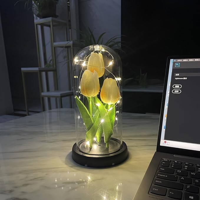 LED Tulip Lamp Artificial Flower Night Light Handmade Light up Tulips in Glass Dome Table Lamp Ornaments Desktop Decor - Battery Operated (Champagne) - LeafyLoom