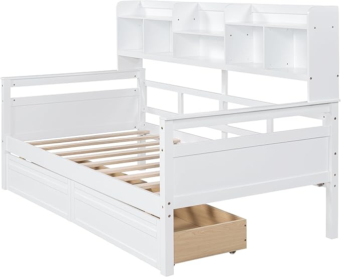 Merax Wood Daybed with with Bedside Shelves and Two Drawers, Twin Size Sofa Bed Frame for Kids Teens Adults, No Box Spring Needed White - LeafyLoom