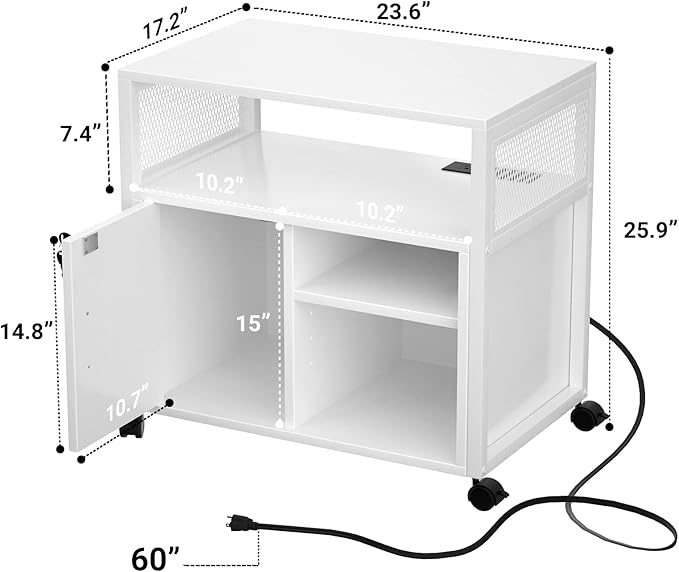 Unikito Rolling File Cabinet Lateral Office Filing Cabinets with Socket and USB Charging Port, Modern Printer Stand on Wheels, Printer Cabinet with Door and Open Storage, Lockable, White - LeafyLoom