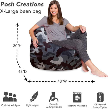 Posh Creations Bean Bag Chair for Kids, Teens, and Adults Includes Removable and Machine Washable Cover, Soft Nylon - Camo Dark and Black Gray, 48in - X-Large - LeafyLoom