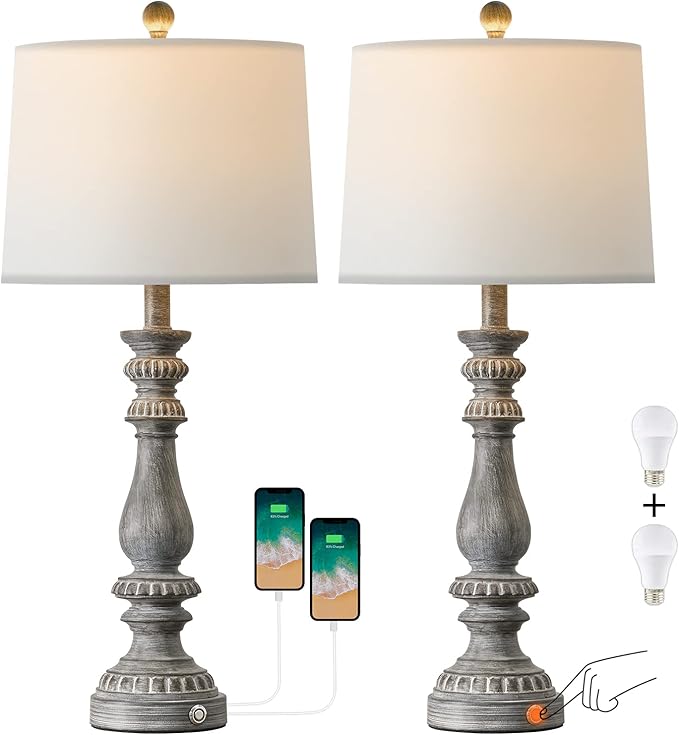 BOBOMOMO 27" Rustic 3-Way Dimmable Touch Table Lamps for Bedroom Farmhouse Lamp Set of 2 with 2 USB Charging Ports for Living Room Vintage Rustic Traditional Nightstand Lamp (2 Bulbs Included) - LeafyLoom