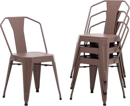 Modern Dining Chair Set of 4, Stackable Metal Chairs, Waterproof Counter Bar Chairs with High Backrest, Quick Assembly Cafe Chairs, Tolix Style for Home, Kitchen and Bar Use, Brown - LeafyLoom