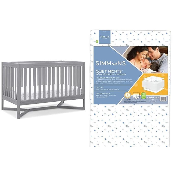 Delta Children Tribeca 4-in-1 Baby Convertible Crib + Simmons Kids Quiet Nights Crib and Toddler Mattress Made from Recycled Water Bottles/GREENGUARD Gold Certified [Bundle], Grey - LeafyLoom