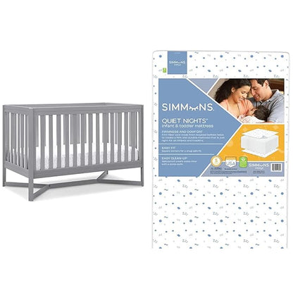 Delta Children Tribeca 4-in-1 Baby Convertible Crib + Simmons Kids Quiet Nights Crib and Toddler Mattress Made from Recycled Water Bottles/GREENGUARD Gold Certified [Bundle], Grey - LeafyLoom