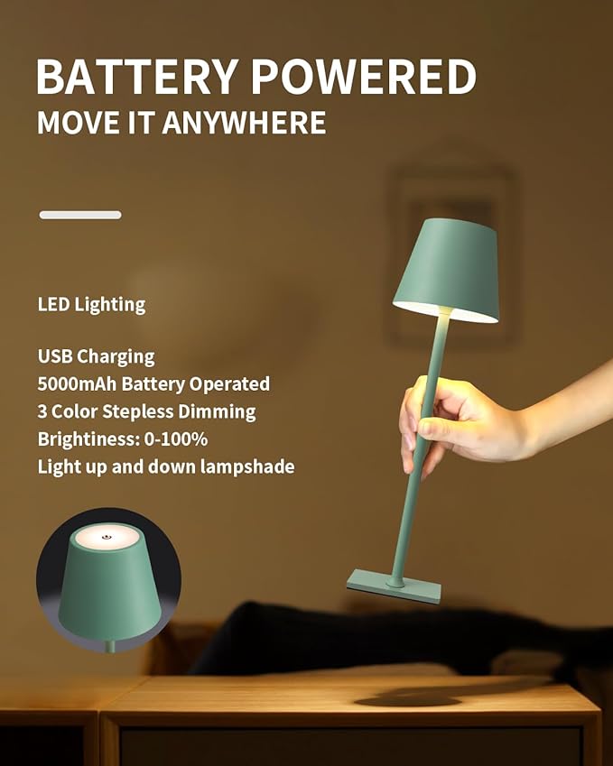 KDG 2 Pack Cordless Table Lamp,Portable LED Desk Lamp, 5000mAh Battery Operated, 3 Color Stepless Dimming Up, for Restaurant/Bedroom/Bars/Outdoor Party/Camping/Coffee Shop Night Light(Green) - LeafyLoom