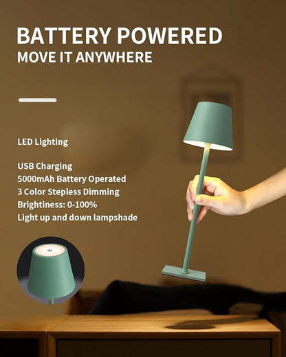 KDG 2 Pack Cordless Table Lamp,Portable LED Desk Lamp, 5000mAh Battery Operated, 3 Color Stepless Dimming Up, for Restaurant/Bedroom/Bars/Outdoor Party/Camping/Coffee Shop Night Light(Green) - LeafyLoom