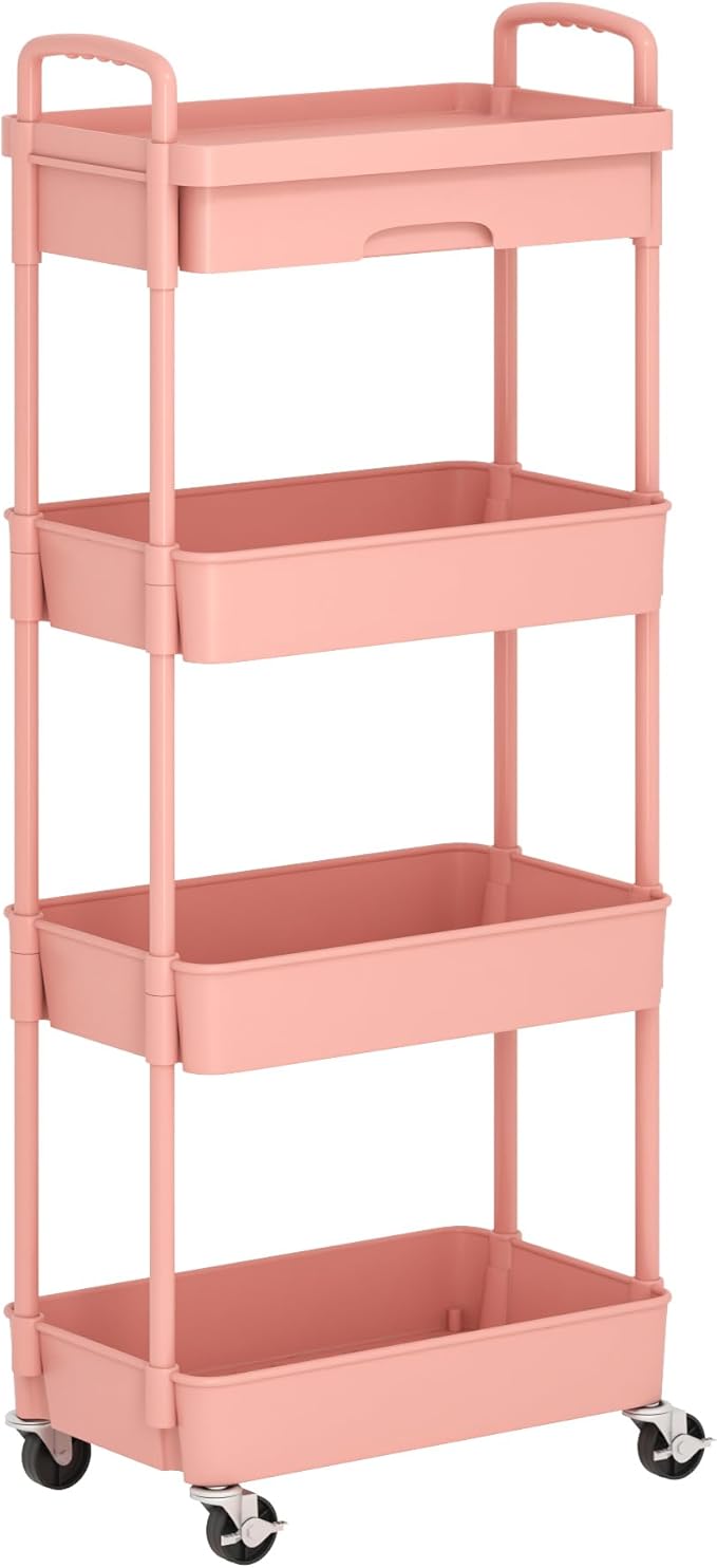 4-Tier Rolling Cart，Trolley with Drawer, Kitchen Storage Organizer with Plastic Shelf & Metal Wheels, Storage Cart for Living Room, Kitchen, Office, Bathroom, Pink - LeafyLoom