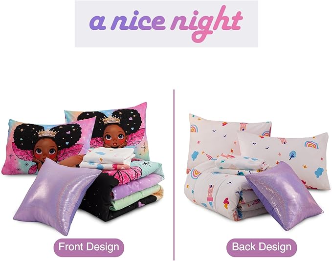 A Nice Night Black Girl Princess with Wings Comforter Set,Pink Gradient Glitter Rainbow Galaxy 6pcs Kids Bedding Set,Full - LeafyLoom