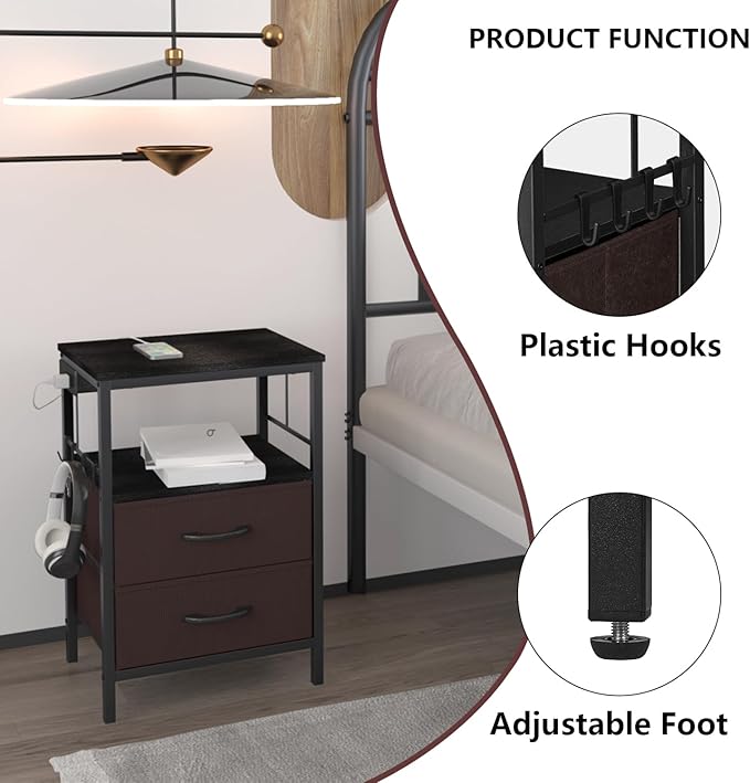 Nightstands set 2 for Bedroom Decor, Bedside Table with Charging Station, Night Stands with Fabric Drawers and Open Shelf, Side Table with USB Ports & Outlets (Black,2) - LeafyLoom