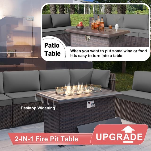 Patio Furniture Set with Fire Pit Table 8 Pieces Outdoor Sectional Furniture Outdoor Rattan Patio Conversation Sets with 43in 55,000 BTU Propane Gas Fire Pit Table Glass Table, Grey - LeafyLoom