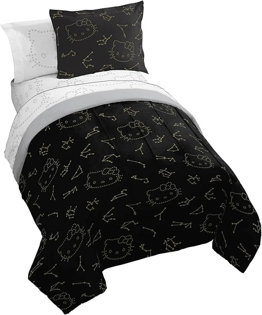 Jay Franco Hello Kitty Stars Twin Comforter Set - 5 Piece Bedding includes Sheet Set & Pillow Covers - Super Soft Zodiac Black & Gold Bedding - LeafyLoom