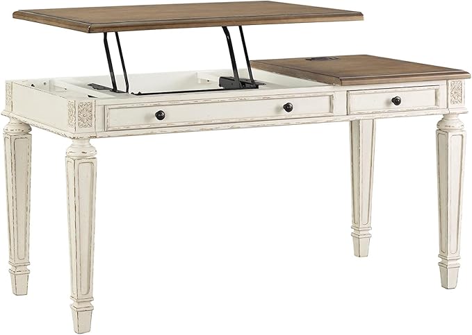 Signature Design by Ashley Realyn French Country 60" Home Office Lift Top Desk with USB Charging, Chipped White and 3 Drawer Nightstand with Electrical Outlets & USB Ports, Chipped White - LeafyLoom