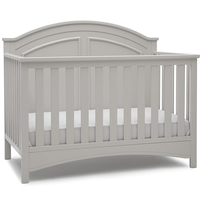 Delta Children Perry 6-in-1 Convertible Crib - Greenguard Gold Certified, Moonstruck Grey + Simmons Kids Radiant Sky Dual Sided Baby Crib Mattress and Toddler Mattress (Bundle) - LeafyLoom