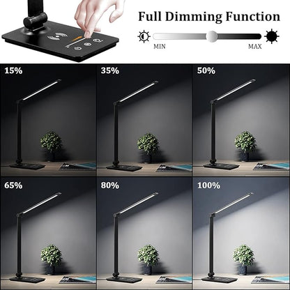 LED Desk Lamp with Wireless Charger, Desk Lamp for college dorm room with 5 Color Modes & Fully Dimming Function, Eye Caring Table Lamps for Study, Office Lamp with Adjustable Arm, Auto Timer 30/60min - LeafyLoom