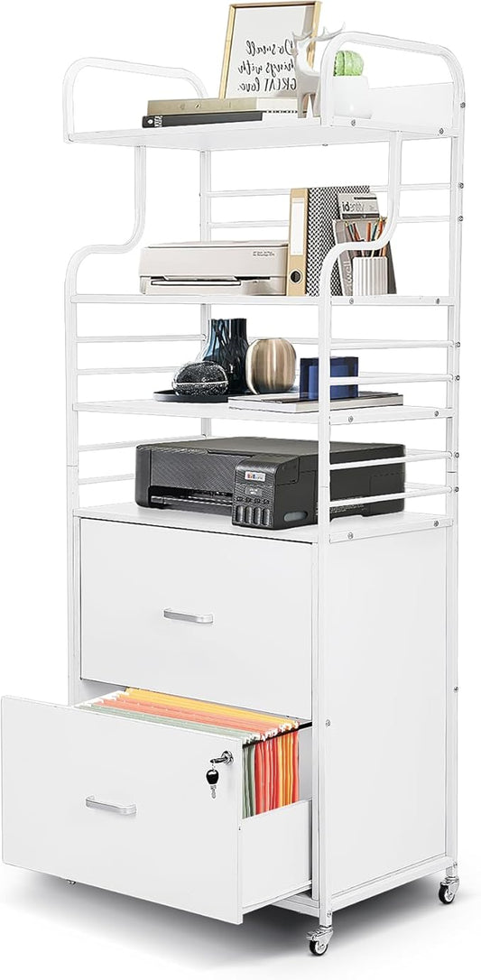 Vertical File Cabinet, 2 Drawer Mobile Filing Cabinet with 3 Bookshelf, Printer Stand with Open Storage Shelves Fits A4/Letter/Legal Size File Cabinets for Home Office Organizer, White - LeafyLoom