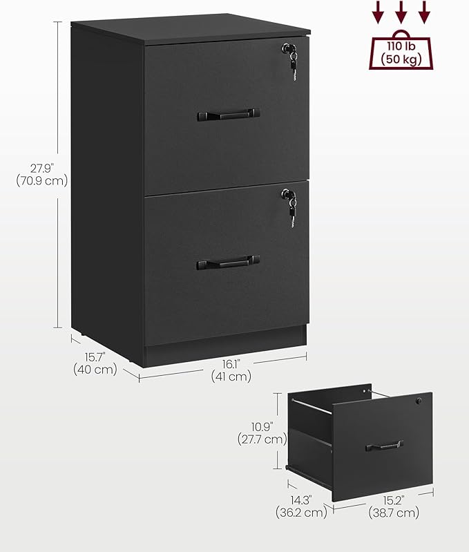 VASAGLE 2-Drawer Vertical File Cabinet, Filing Cabinet for Home Office, Printer Stand, with 2 Lockable Drawers, Adjustable Hanging Rail, for A4 and Letter-Size Files, Ink Black UOFC061B16 - LeafyLoom