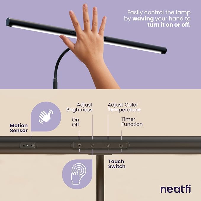 Neatfi LED Desk Lamp with Clamp and Base, Motion Sensor, Touch Control, 1100 Lumens, 5 Brightness Levels, 5 Light Modes, Steplessly Adjustable, 60-min Timer, Ideal for Home, Study, Reading (Black) - LeafyLoom