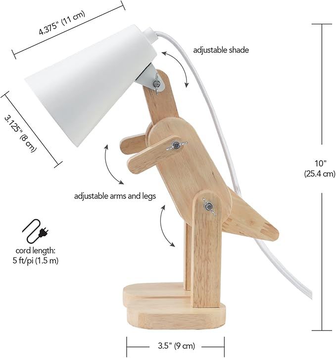 Globe Electric 56107 Terry Dinosaur 10" Wooden Desk Lamp, White Shade, in-Line On/Off Rocker Switch - LeafyLoom